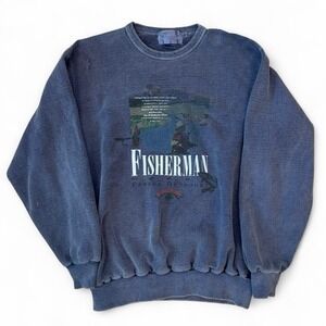 Vintage Fisherman Faded Navy Blue Crewneck Sweatshirt Mens Large Nature Outdoors